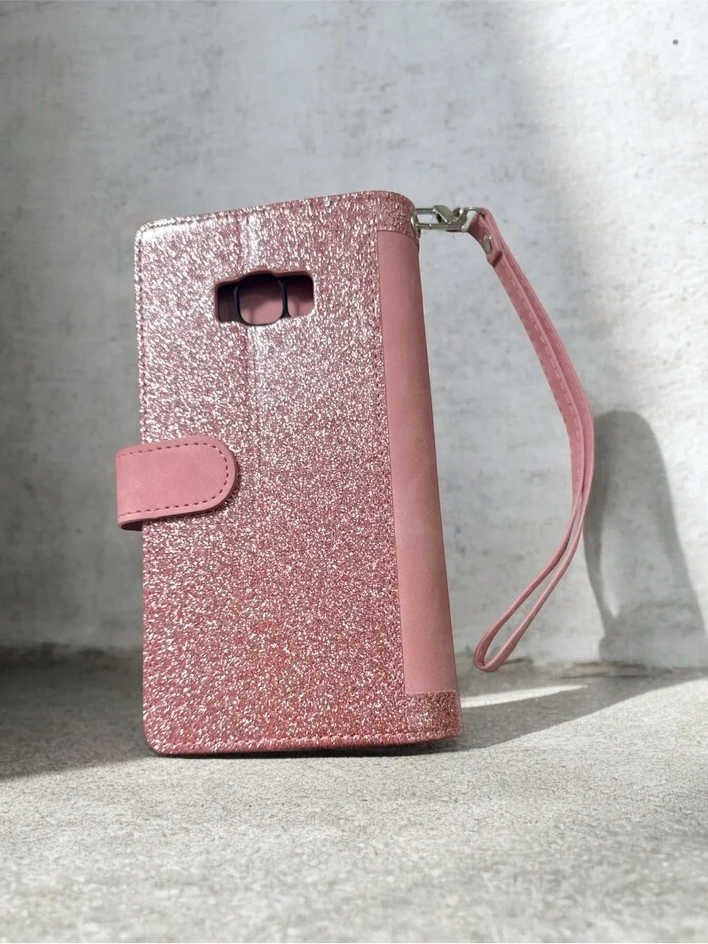 Pink Glitter Wristlet Phone Case Wallet with Zipper Pocket Compatible w Galaxy 8